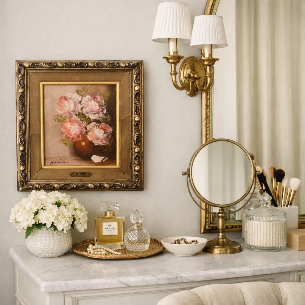 Vintage Floral Oil Painting, Roses Still Life, Ornate Gold Frame, Cottage Wall Art