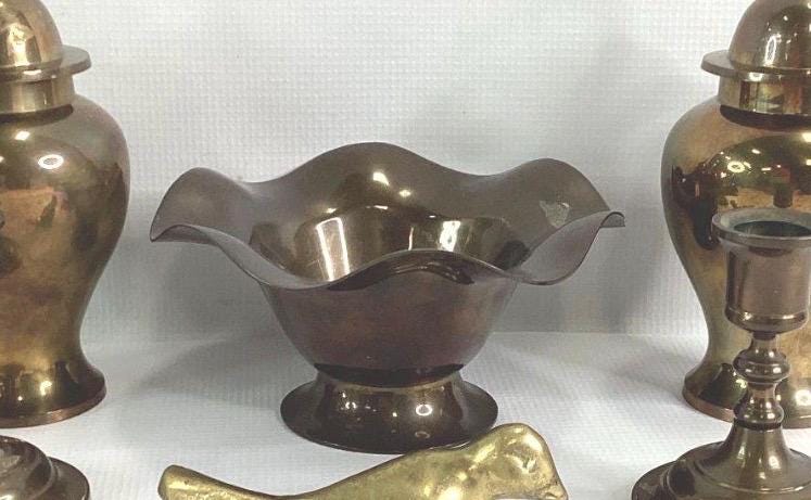 Vintage Scalloped Brass Pedestal Bowl, Mid Century Hollywood Regency Centerpiece