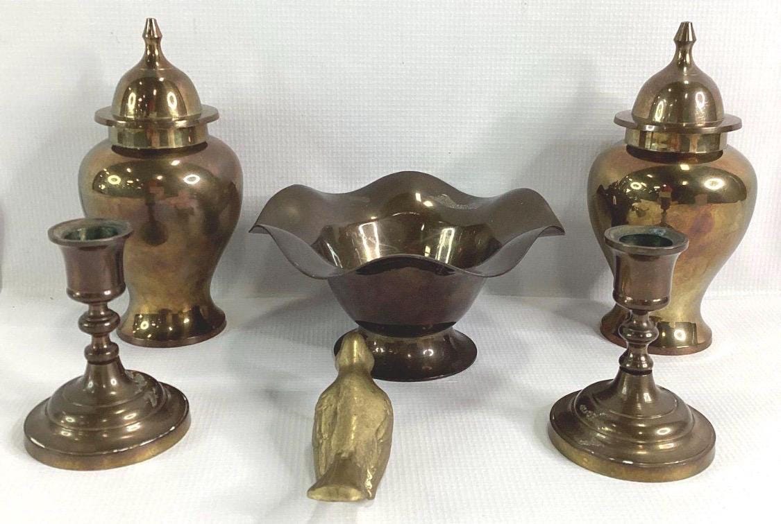 Vintage Scalloped Brass Pedestal Bowl, Mid Century Hollywood Regency Centerpiece