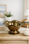 Vintage Scalloped Brass Pedestal Bowl, Mid Century Hollywood Regency Centerpiece