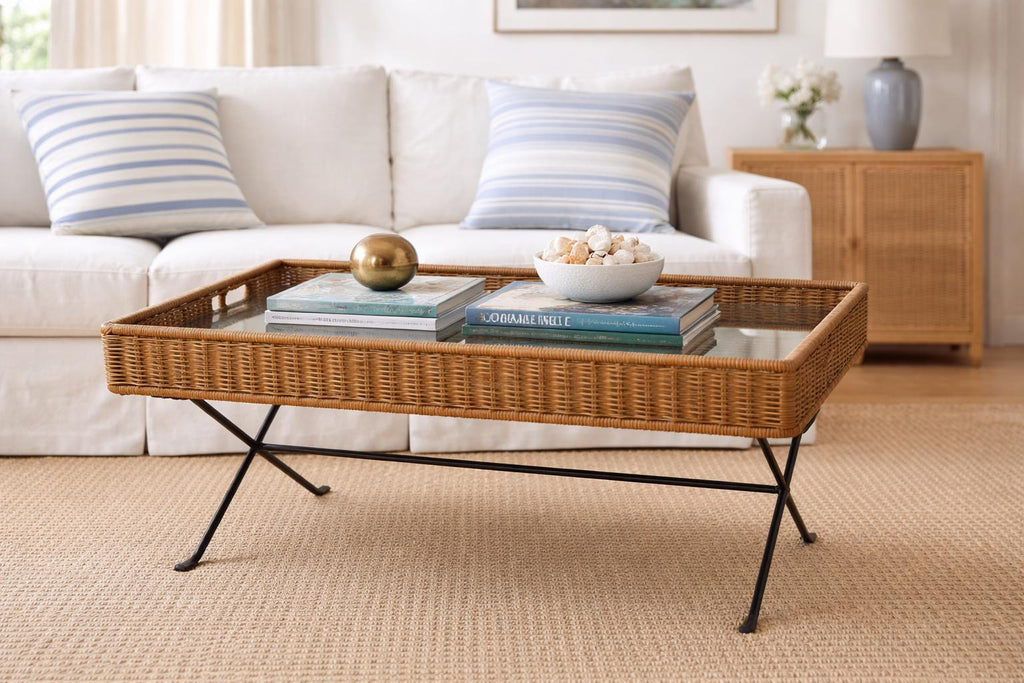 Vintage Rattan Butler Tray Coffee Table | Folding Iron Base, Coastal Style