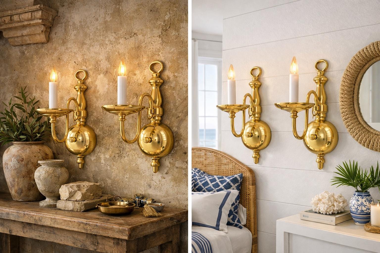 Vintage Polished Brass Candle Sconce Pair – 1980s Traditional Wall Lights