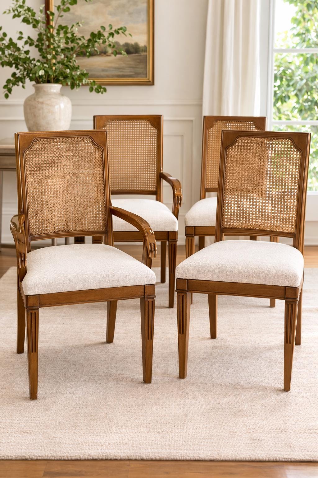 Vintage Cane Back Dining Chairs Set – Upholstered Linen Seats, Wood Frames