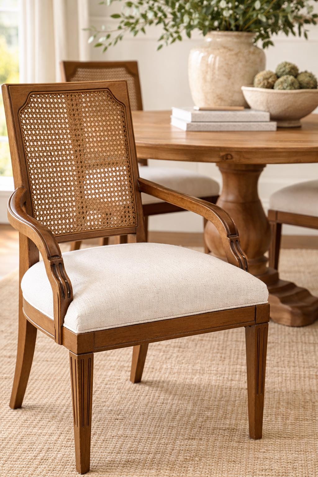 Vintage Cane Back Dining Chairs Set – Upholstered Linen Seats, Wood Frames
