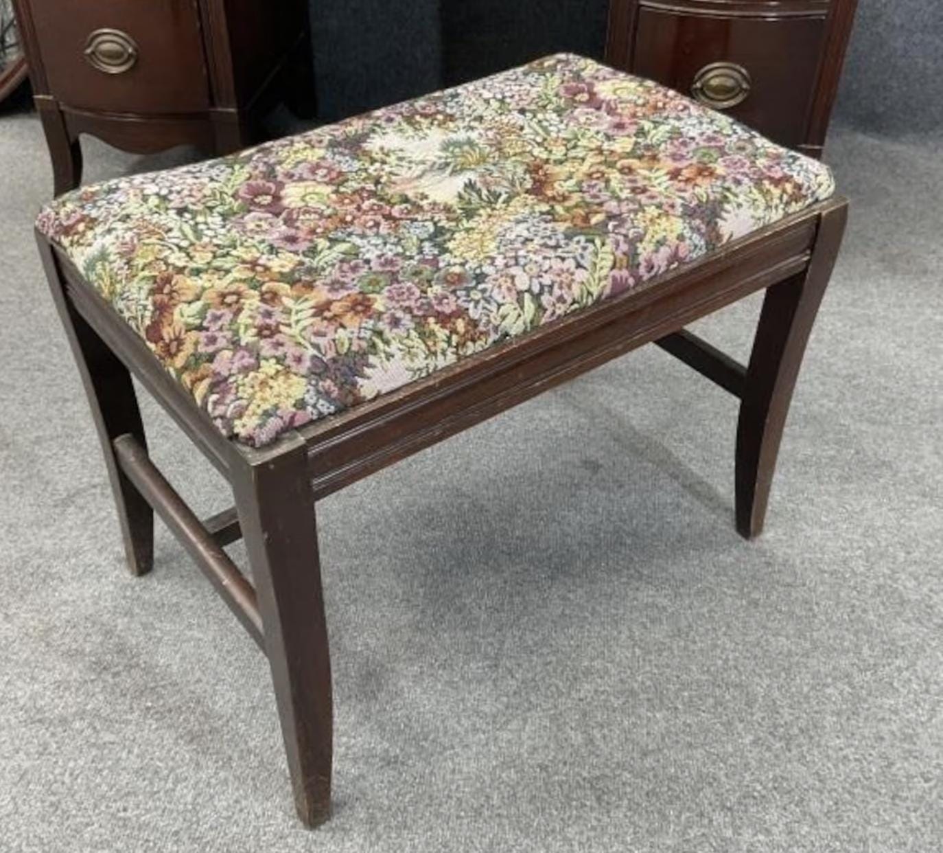 Vintage Mahogany Vanity Bench w/ Floral Fabric