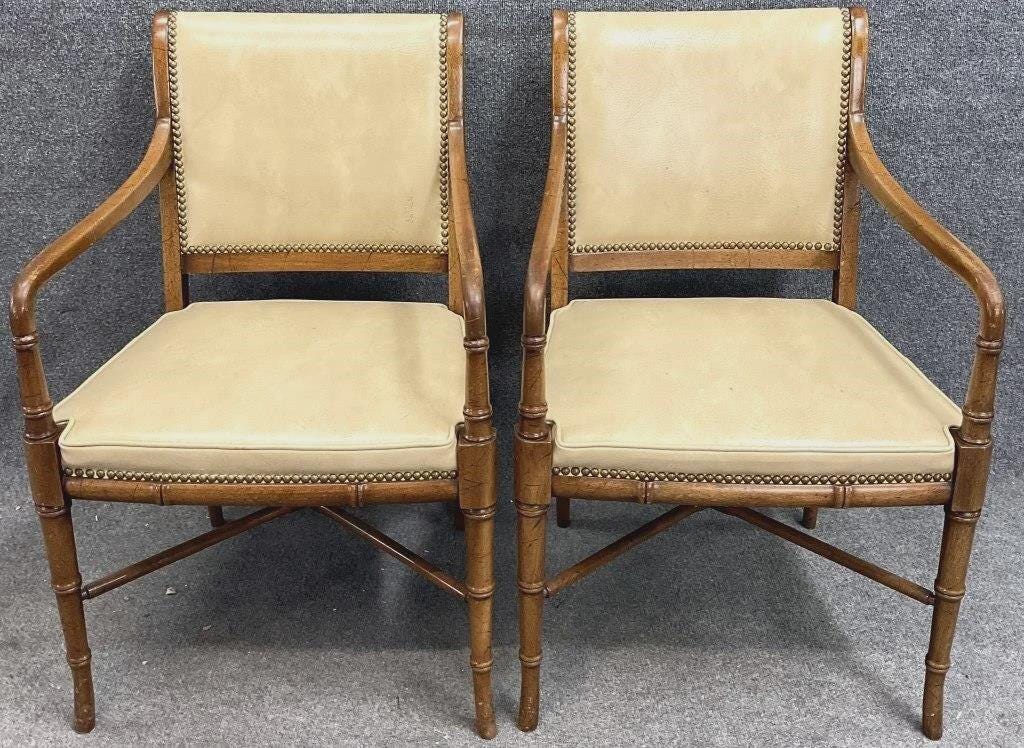 Pair of Hickory Chair Faux Bamboo Campaign Armchairs with Nailhead Trim
