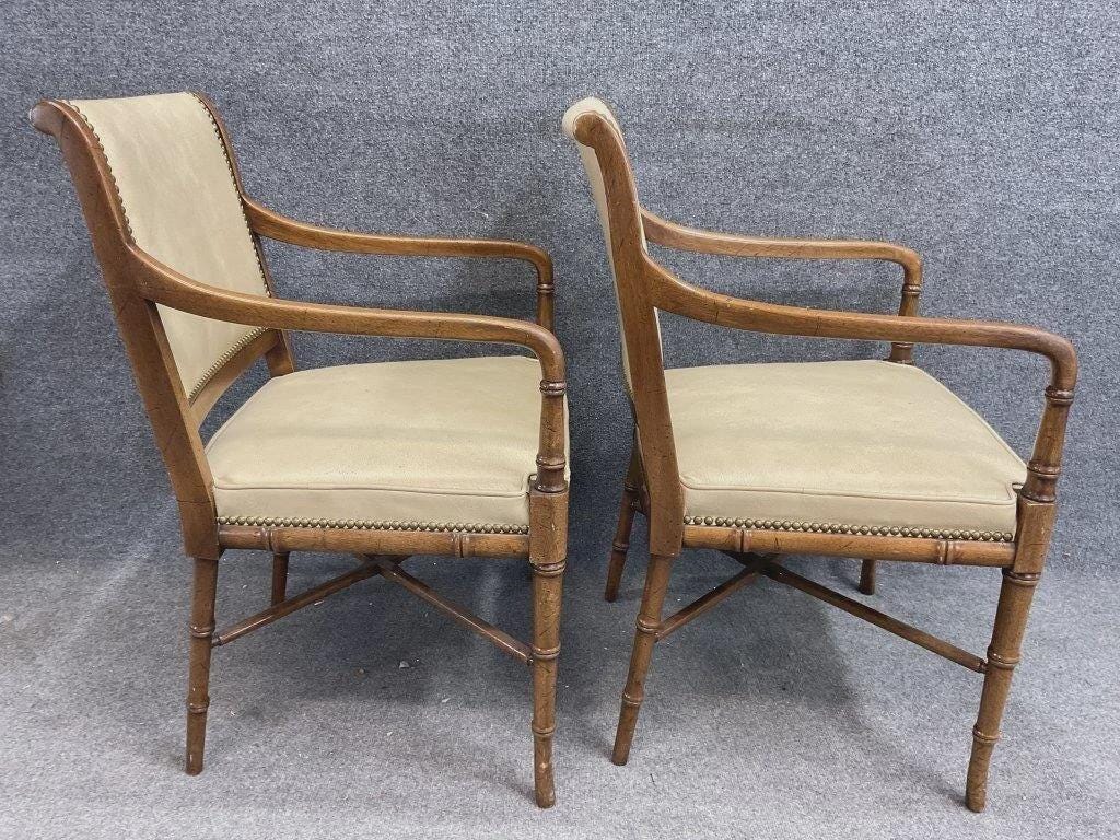 Pair of Hickory Chair Faux Bamboo Campaign Armchairs with Nailhead Trim