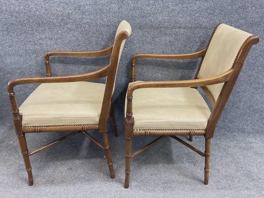 Pair of Hickory Chair Faux Bamboo Campaign Armchairs with Nailhead Trim