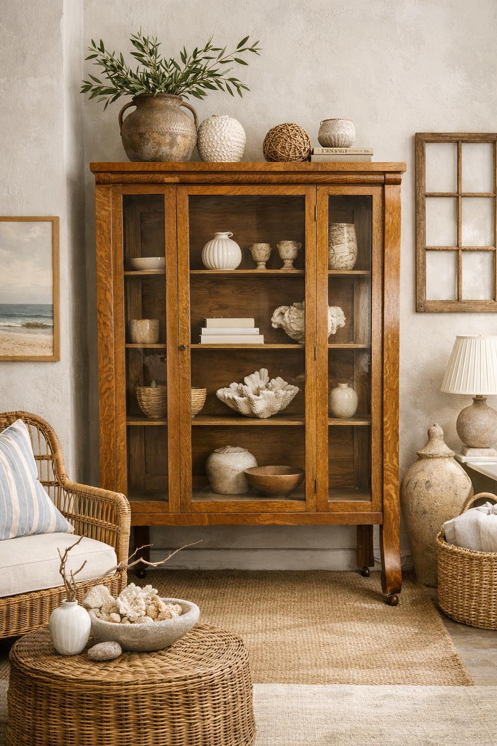 Antique Quarter Sawn Oak Bookcase Cabinet c.1905 Arts & Crafts Glass Display Cabinet Mission Oak Library Cabinet with Glass Sides