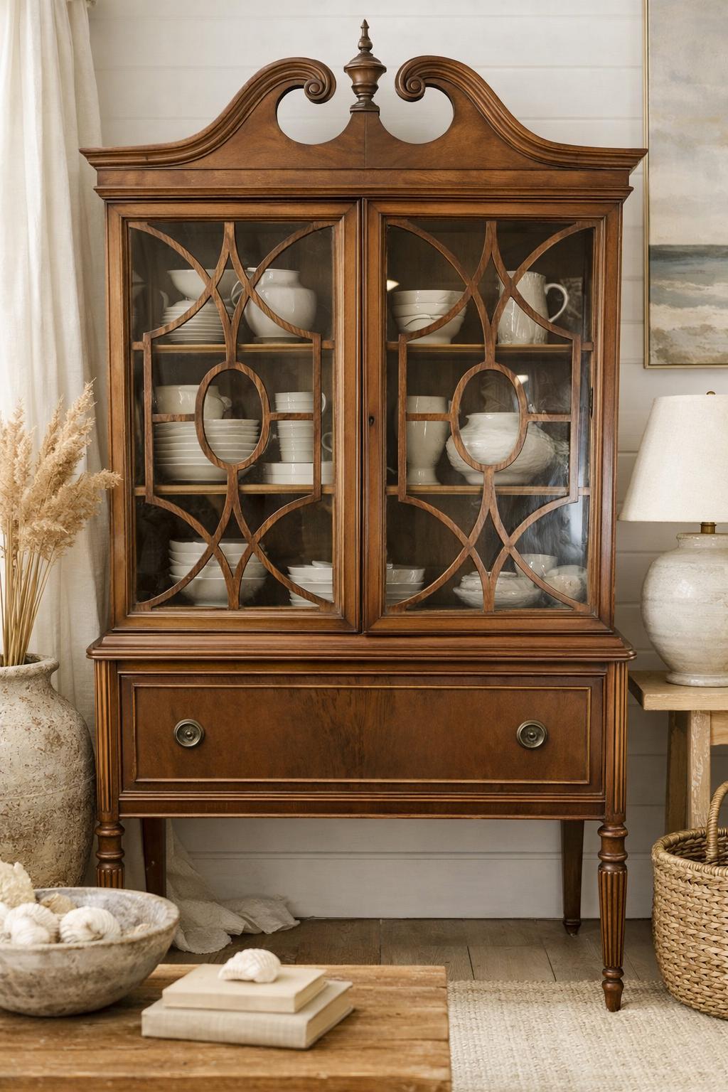 Antique Mahogany China Cabinet: Chippendale Revival Display Case, Circa 1920