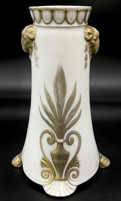 Antique German Art Nouveau Porcelain Vase c.1895 Marmorzellan Jugendstil Lion Head Vase with Gold Decoration