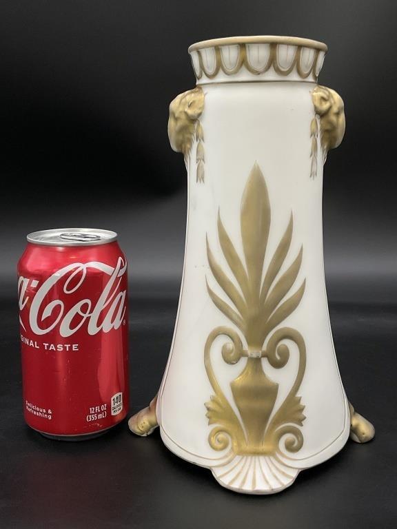 Antique German Art Nouveau Porcelain Vase c.1895 Marmorzellan Jugendstil Lion Head Vase with Gold Decoration