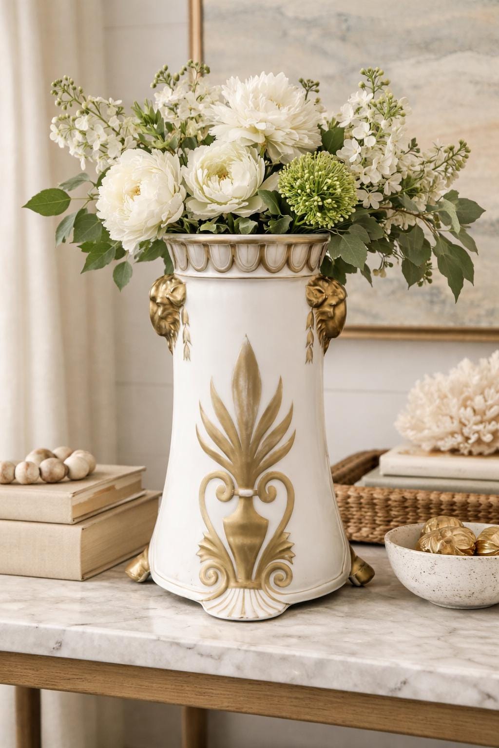 Antique German Art Nouveau Porcelain Vase c.1895 Marmorzellan Jugendstil Lion Head Vase with Gold Decoration