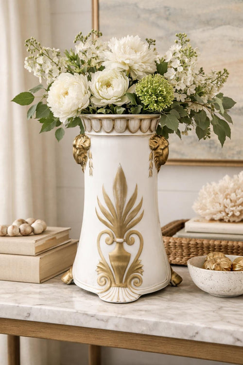 Antique German Art Nouveau Porcelain Vase c.1895 Marmorzellan Jugendstil Lion Head Vase with Gold Decoration