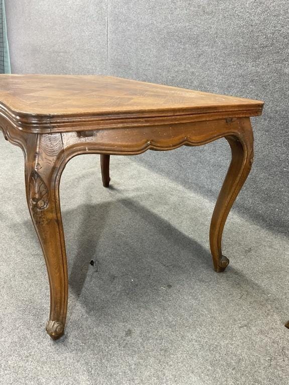 Antique French Provincial Draw Leaf Dining Table | Parquet Oak Extension Table | Louis XV Style Farmhouse Dining Table | Circa 1870