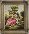 Vintage French Needlepoint Tapestry | Framed Rococo Courting Couple Scene | Romantic French Wall Art | Ornate Gilt Frame