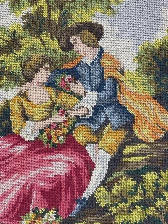 Vintage French Needlepoint Tapestry | Framed Rococo Courting Couple Scene | Romantic French Wall Art | Ornate Gilt Frame