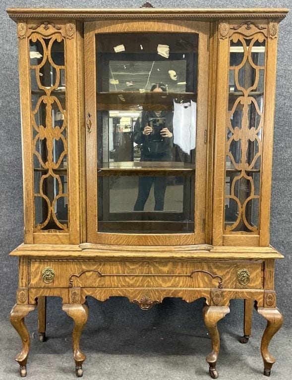 Antique Tiger Oak Bow Front China Cabinet | Victorian Curio Display Cabinet | Carved Oak Display Hutch | Antique Oak China Cabinet
