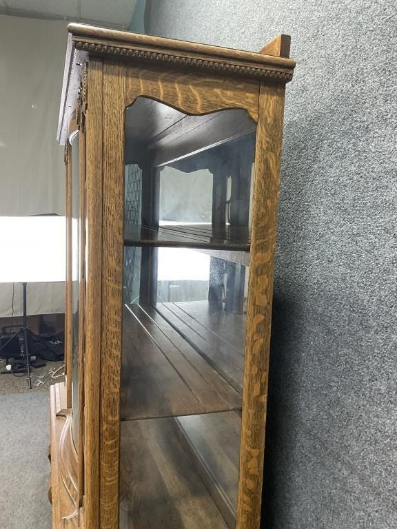 Antique Tiger Oak Bow Front China Cabinet | Victorian Curio Display Cabinet | Carved Oak Display Hutch | Antique Oak China Cabinet
