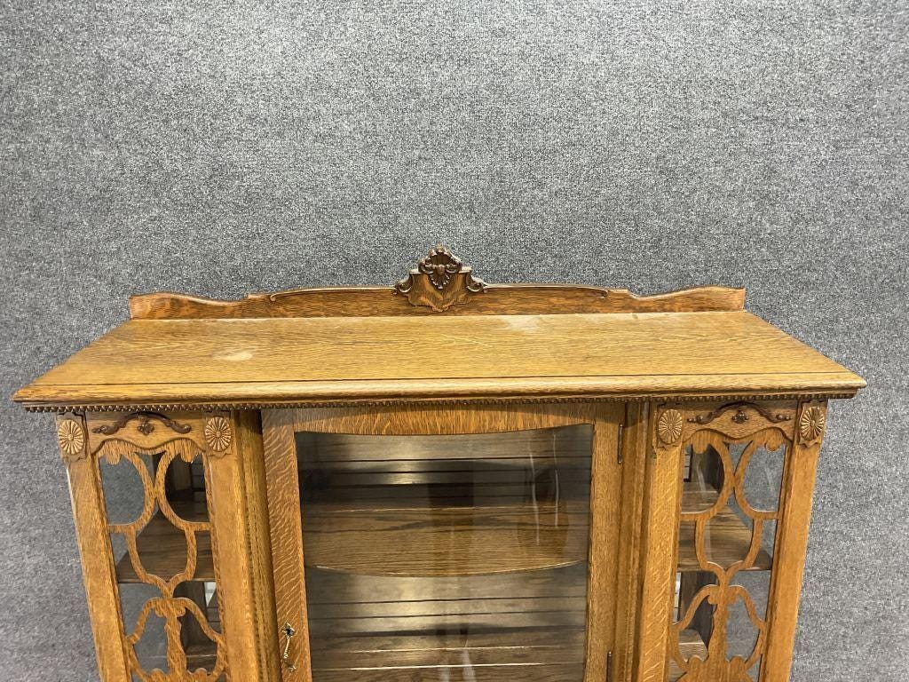 Antique Tiger Oak Bow Front China Cabinet | Victorian Curio Display Cabinet | Carved Oak Display Hutch | Antique Oak China Cabinet