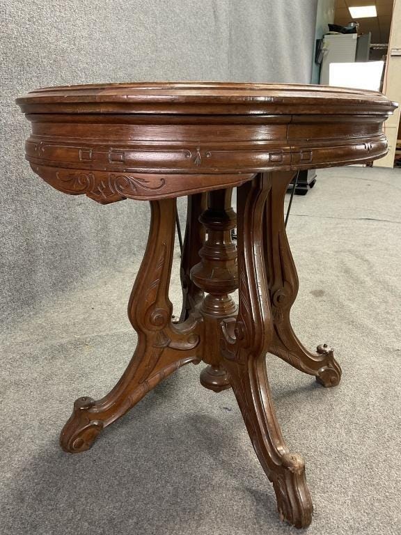 Antique Victorian Walnut Parlor Table – Oval White Marble Top Pedestal Base
