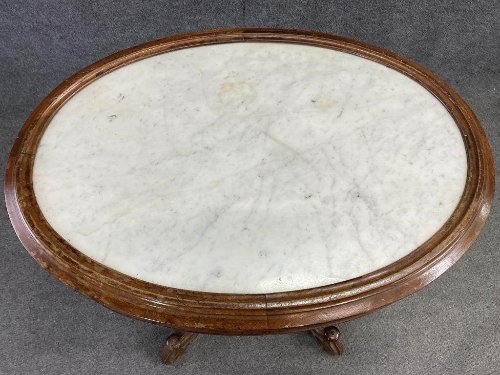 Antique Victorian Walnut Parlor Table – Oval White Marble Top Pedestal Base