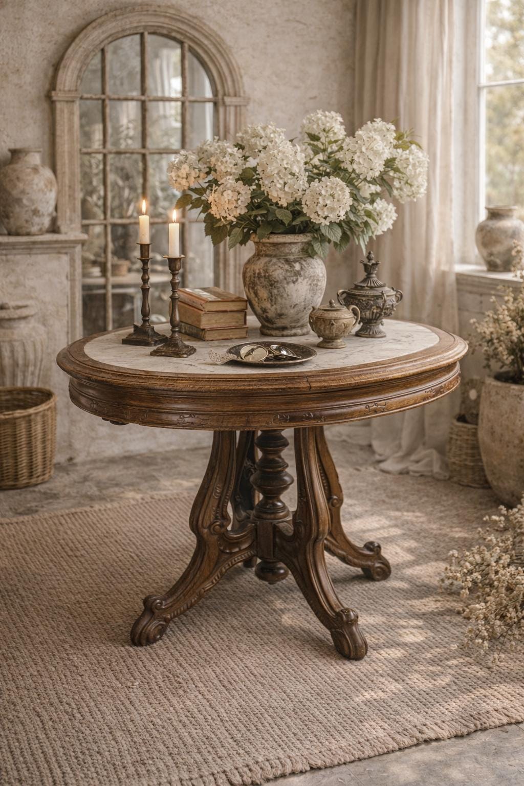 Antique Victorian Walnut Parlor Table – Oval White Marble Top Pedestal Base