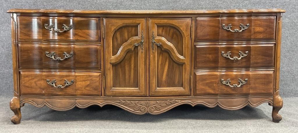 Vintage French Provincial Sideboard Buffet | Serpentine Wood Credenza Console | Carved Provincial Storage Cabinet