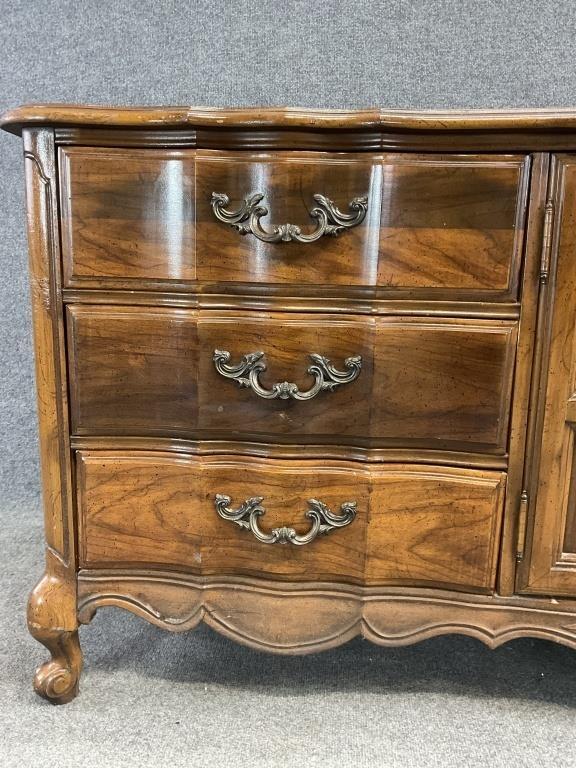 Vintage French Provincial Sideboard Buffet | Serpentine Wood Credenza Console | Carved Provincial Storage Cabinet