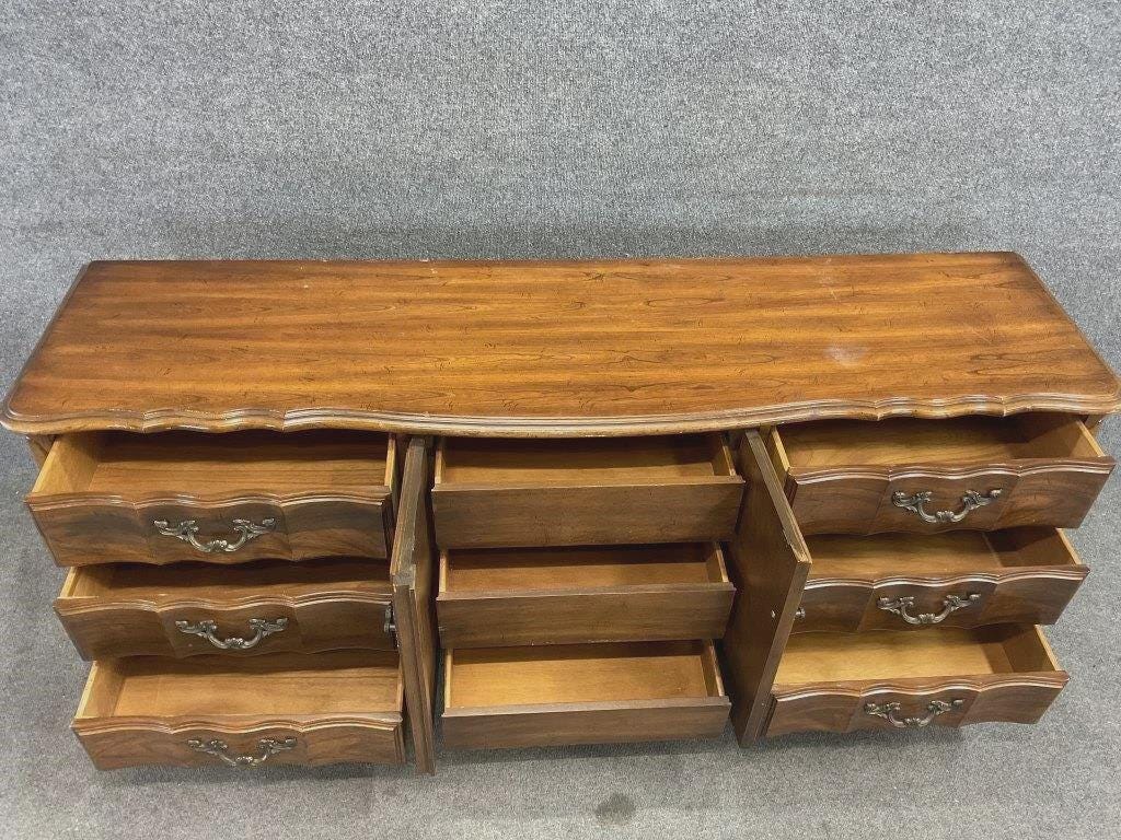 Vintage French Provincial Sideboard Buffet | Serpentine Wood Credenza Console | Carved Provincial Storage Cabinet