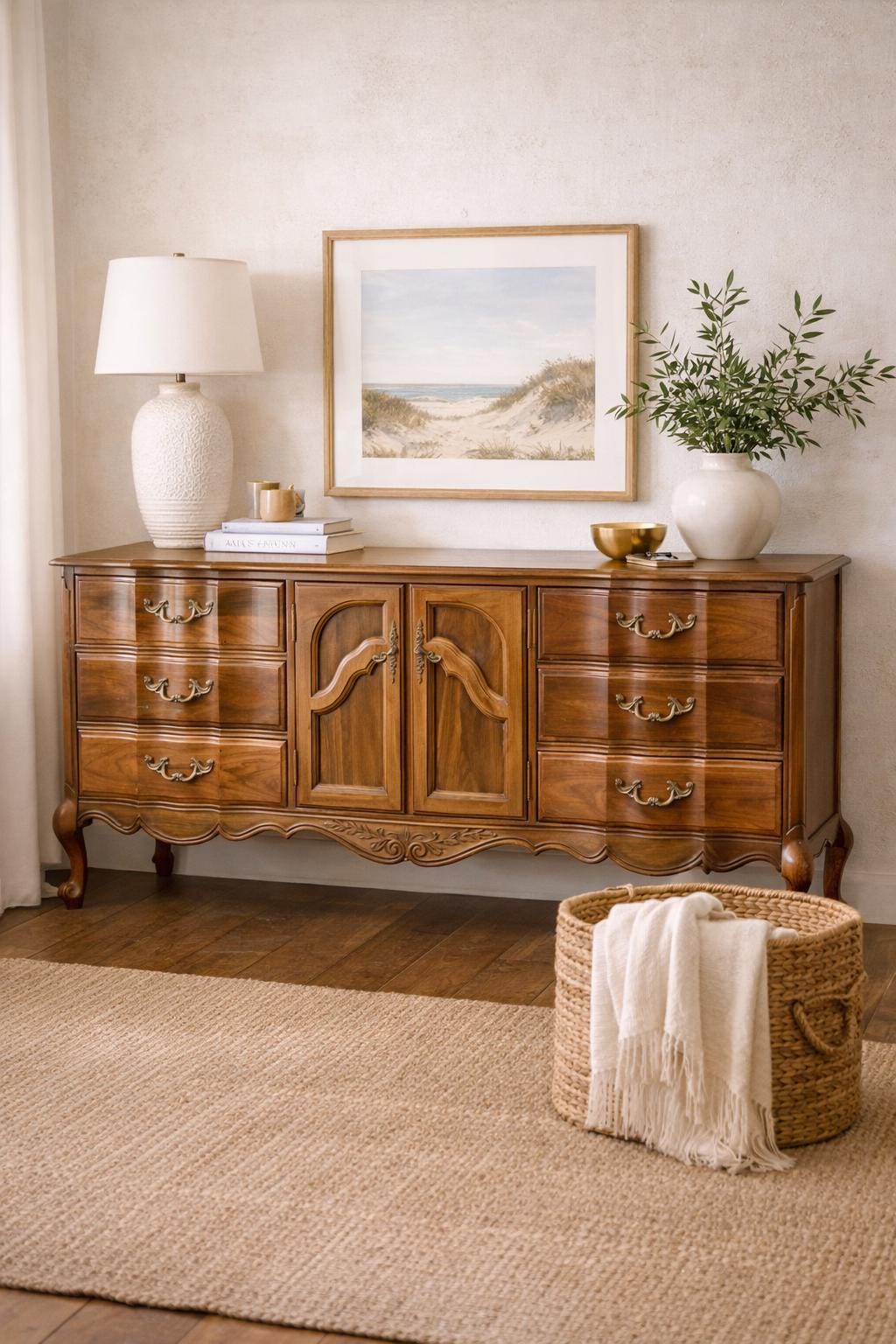 Vintage French Provincial Sideboard Buffet | Serpentine Wood Credenza Console | Carved Provincial Storage Cabinet