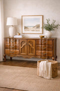Vintage French Provincial Sideboard Buffet | Serpentine Wood Credenza Console | Carved Provincial Storage Cabinet
