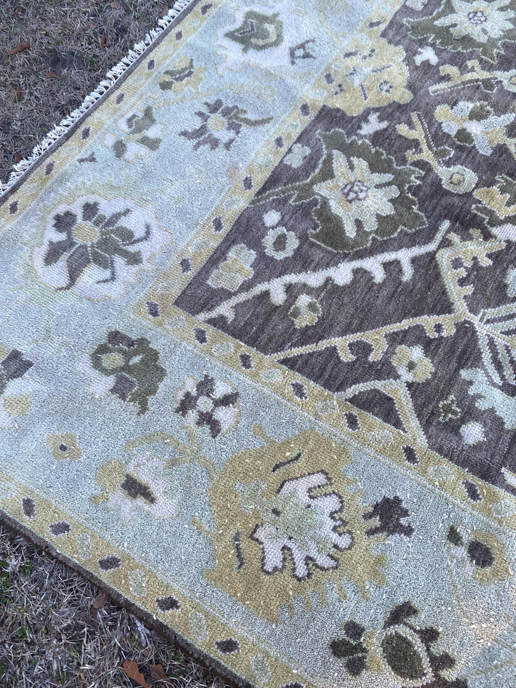 Vintage Hand Knotted Oushak Rug 8x10 | Muted Olive Taupe Botanical Medallion Wool Carpet