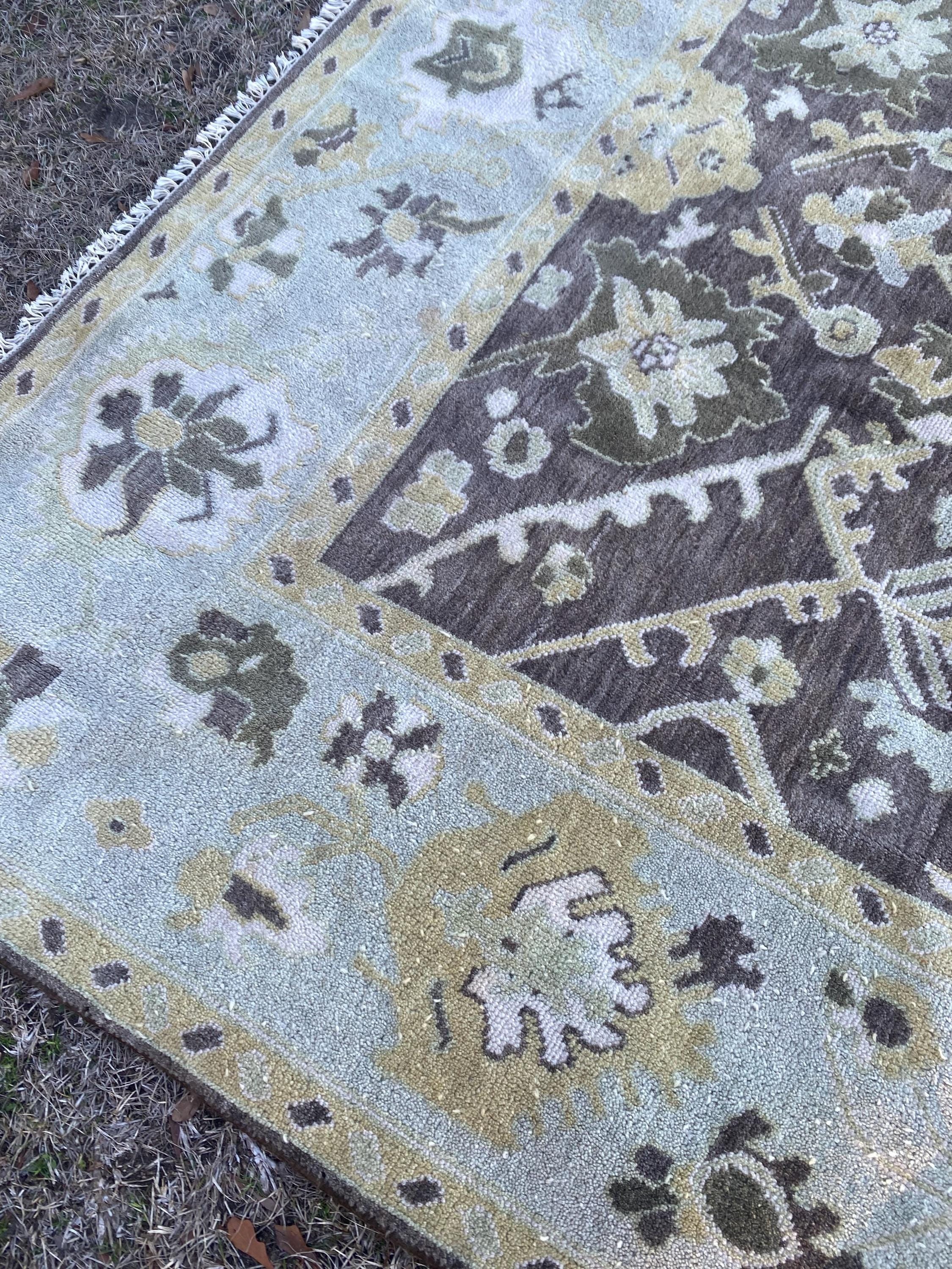 Vintage Hand Knotted Oushak Rug 8x10 | Muted Olive Taupe Botanical Medallion Wool Carpet