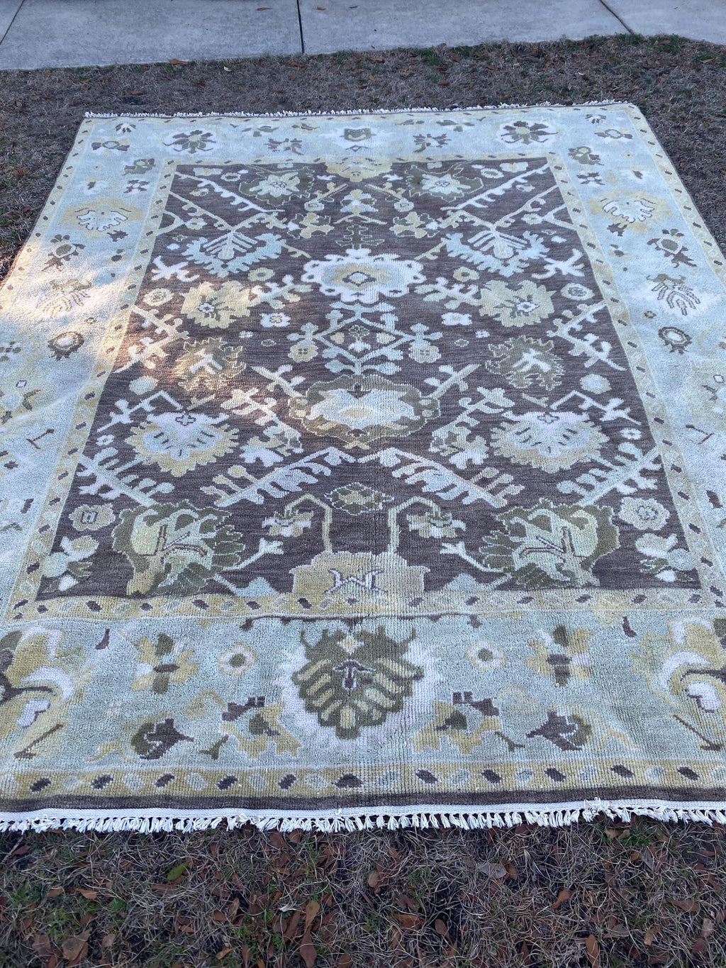 Vintage Hand Knotted Oushak Rug 8x10 | Muted Olive Taupe Botanical Medallion Wool Carpet