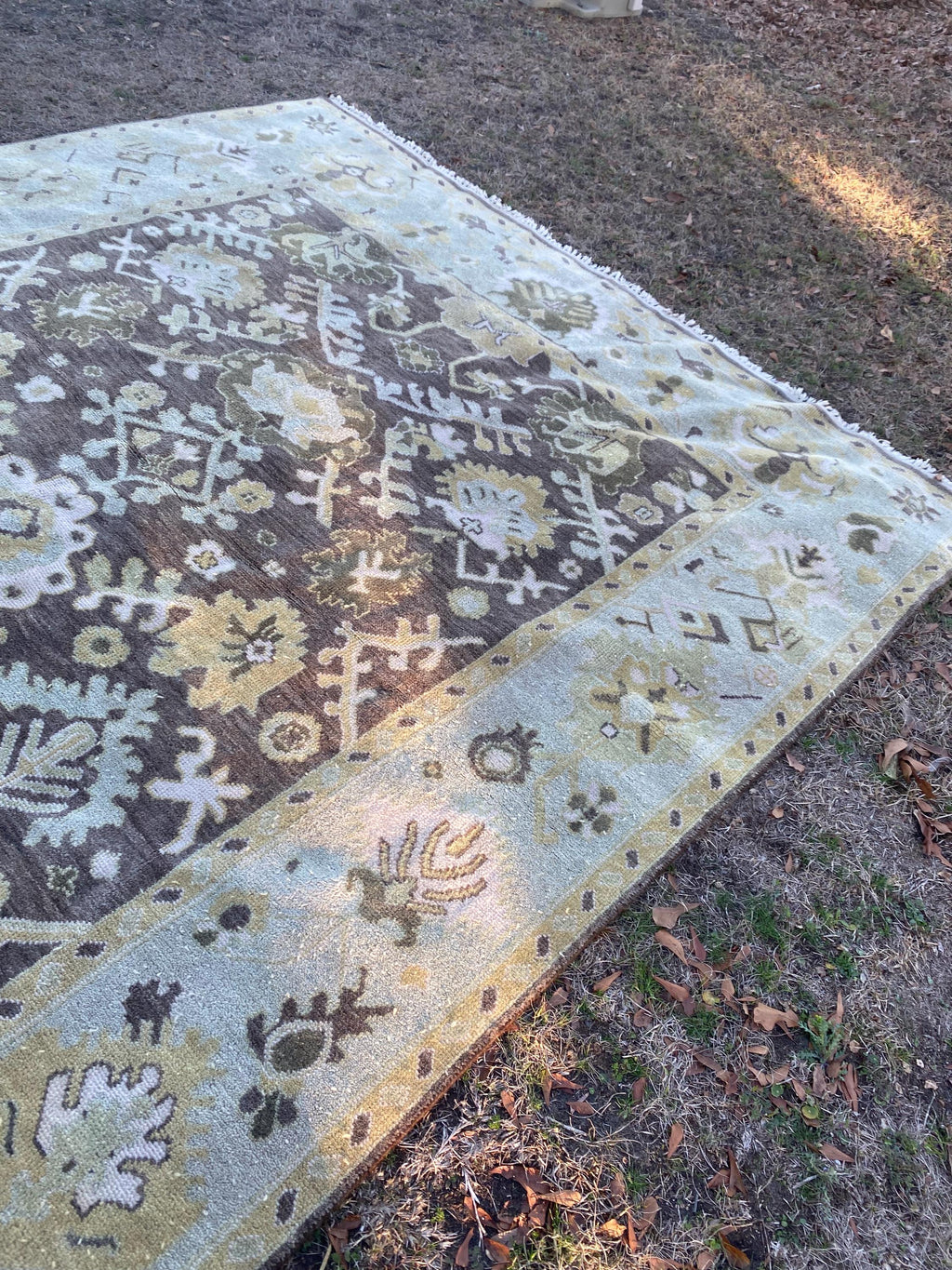 Vintage Hand Knotted Oushak Rug 8x10 | Muted Olive Taupe Botanical Medallion Wool Carpet