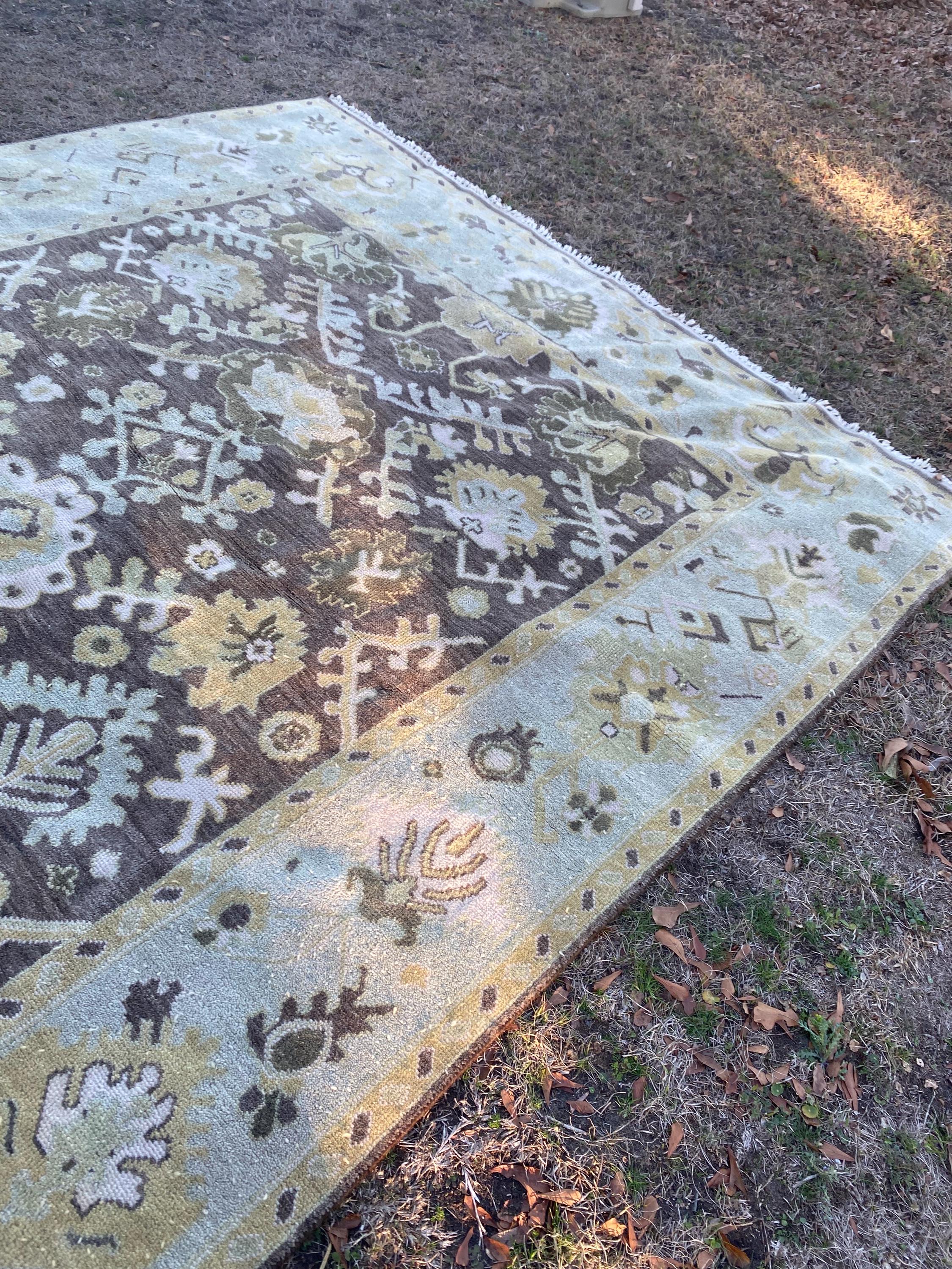 Vintage Hand Knotted Oushak Rug 8x10 | Muted Olive Taupe Botanical Medallion Wool Carpet