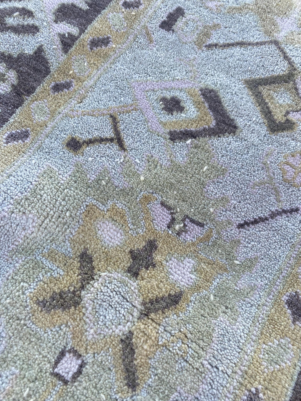 Vintage Hand Knotted Oushak Rug 8x10 | Muted Olive Taupe Botanical Medallion Wool Carpet