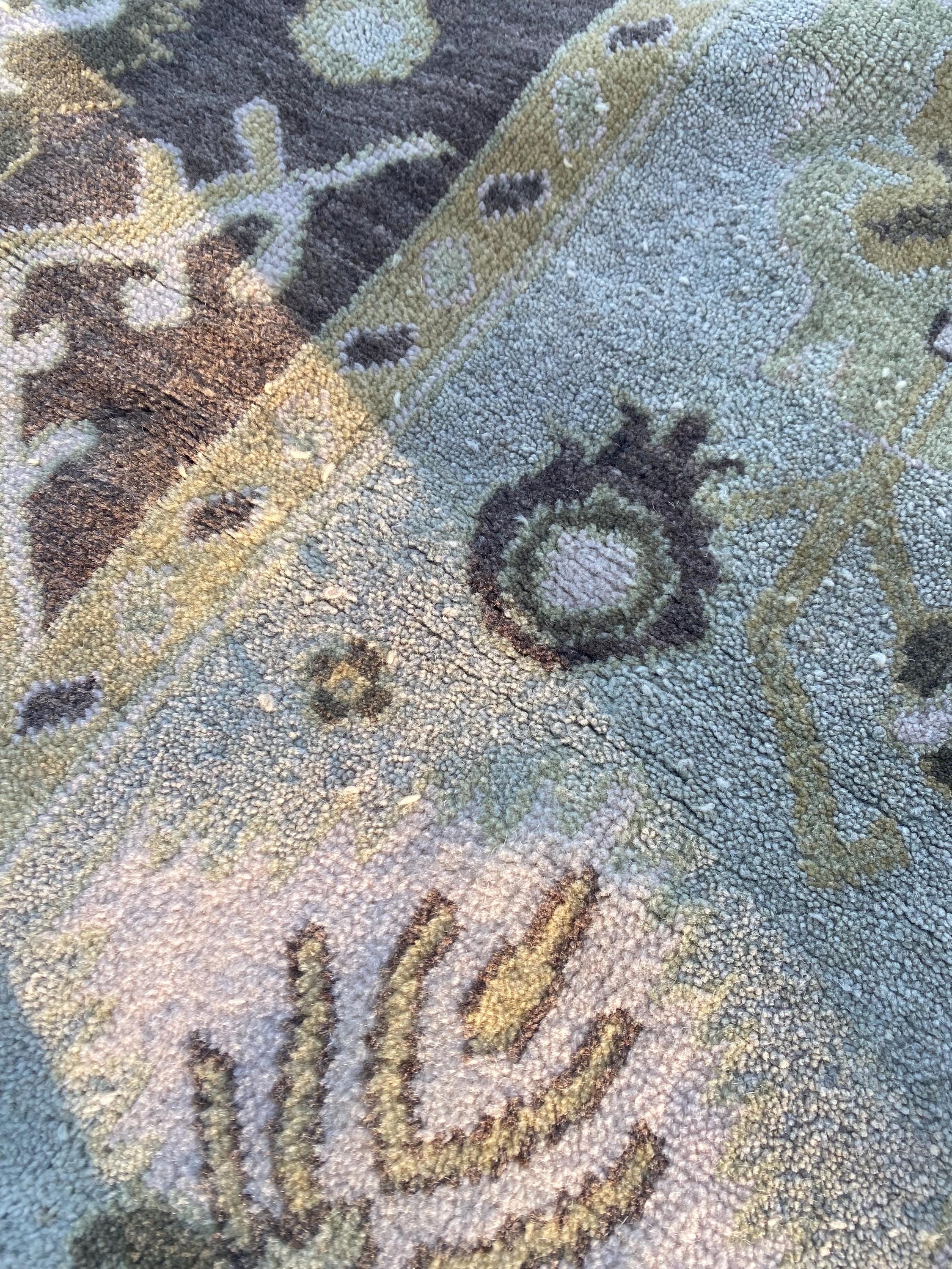 Vintage Hand Knotted Oushak Rug 8x10 | Muted Olive Taupe Botanical Medallion Wool Carpet
