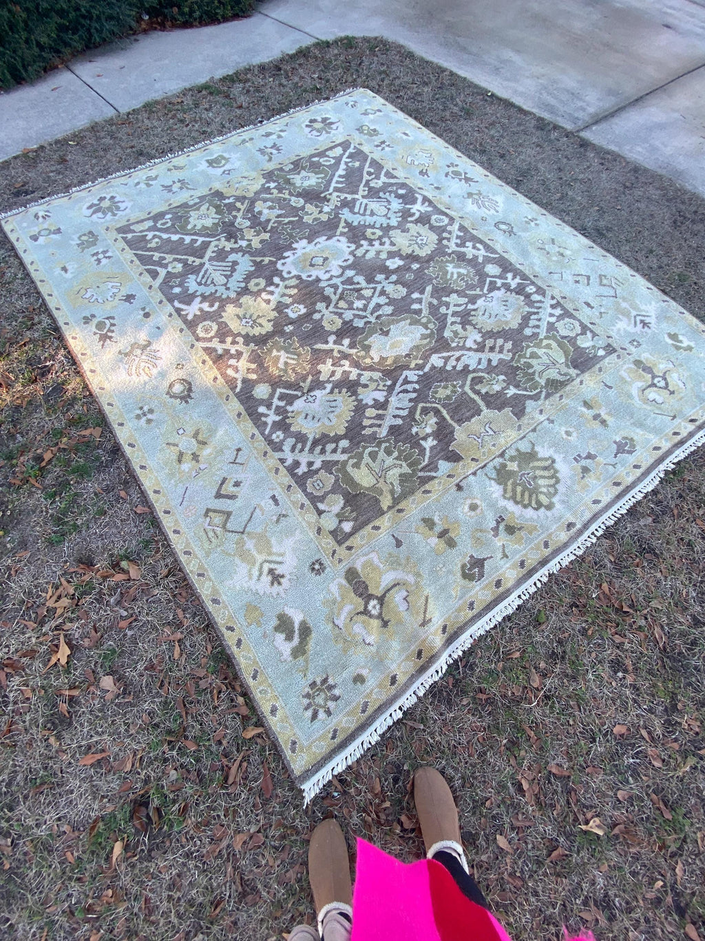 Vintage Hand Knotted Oushak Rug 8x10 | Muted Olive Taupe Botanical Medallion Wool Carpet