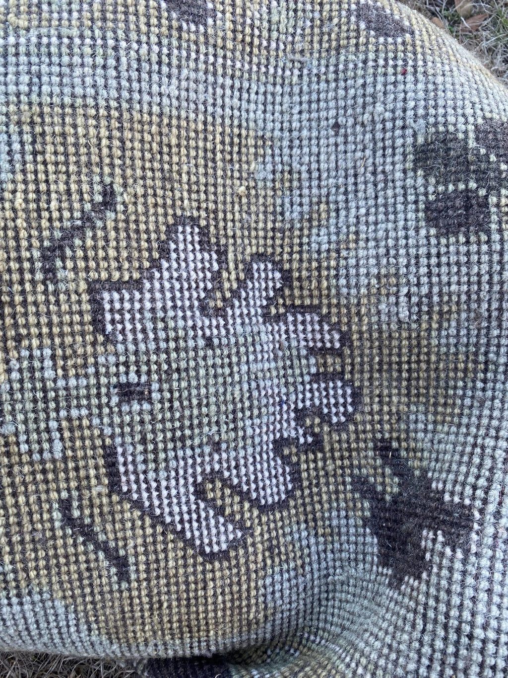 Vintage Hand Knotted Oushak Rug 8x10 | Muted Olive Taupe Botanical Medallion Wool Carpet