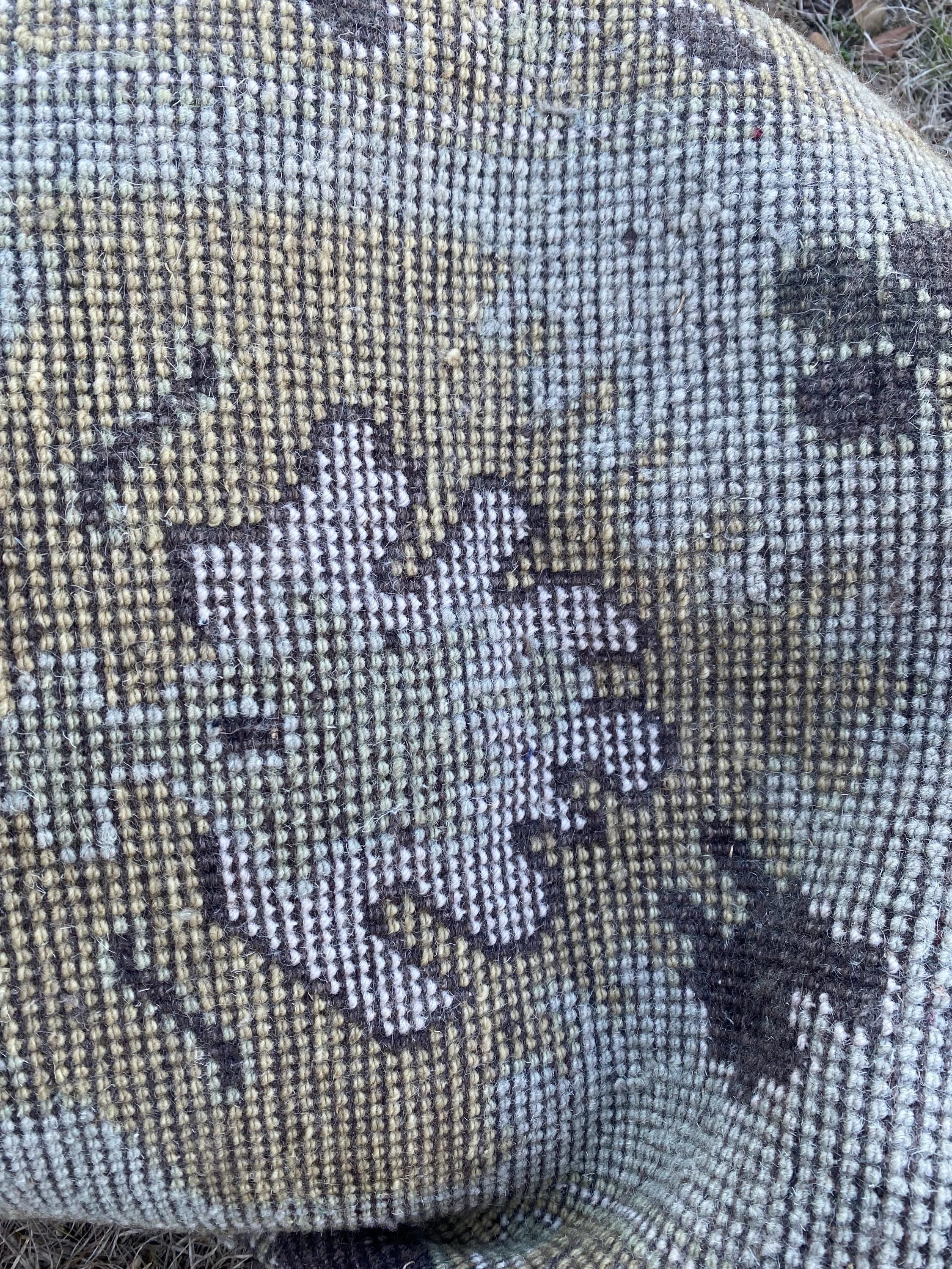 Vintage Hand Knotted Oushak Rug 8x10 | Muted Olive Taupe Botanical Medallion Wool Carpet