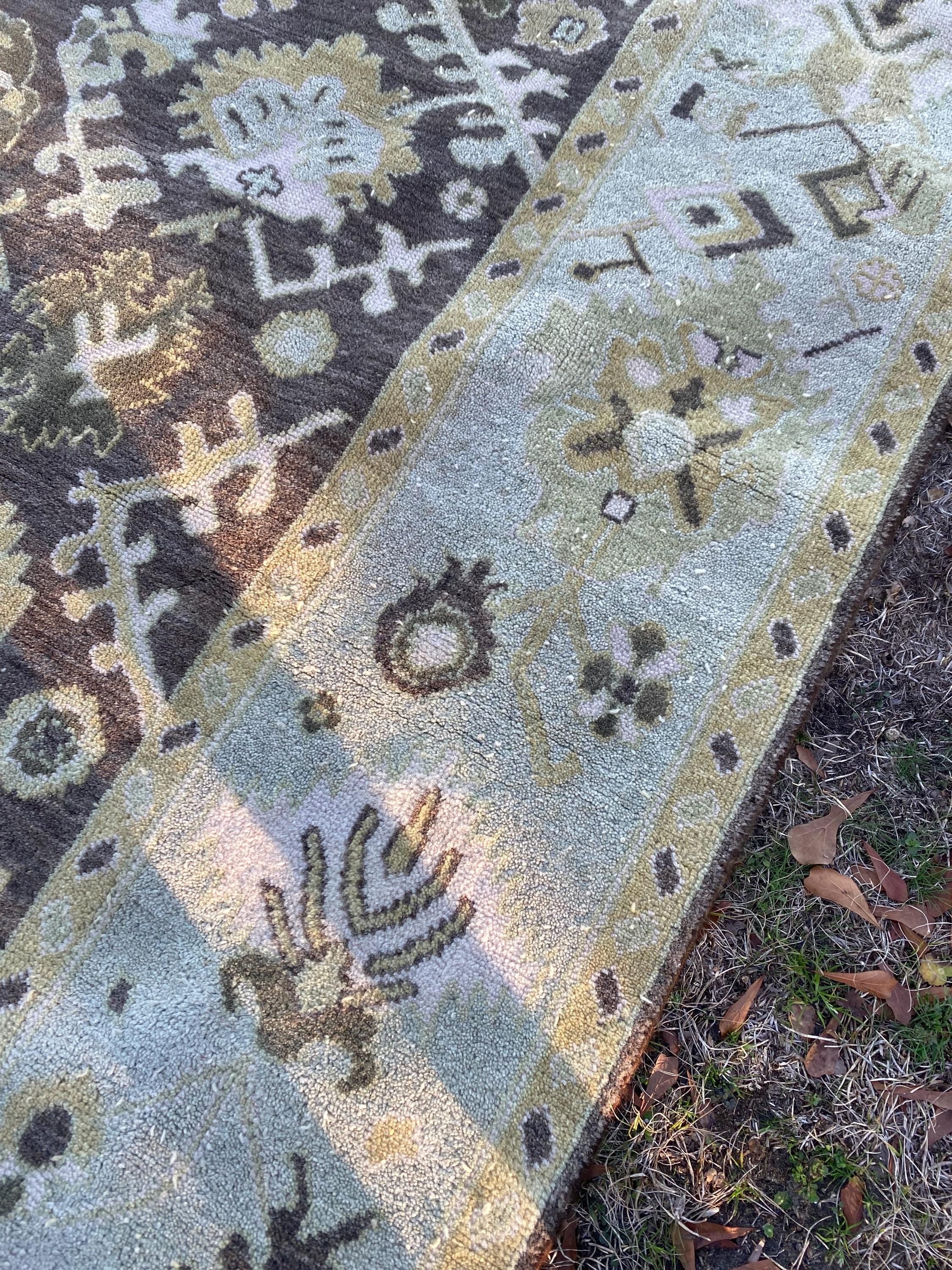 Vintage Hand Knotted Oushak Rug 8x10 | Muted Olive Taupe Botanical Medallion Wool Carpet