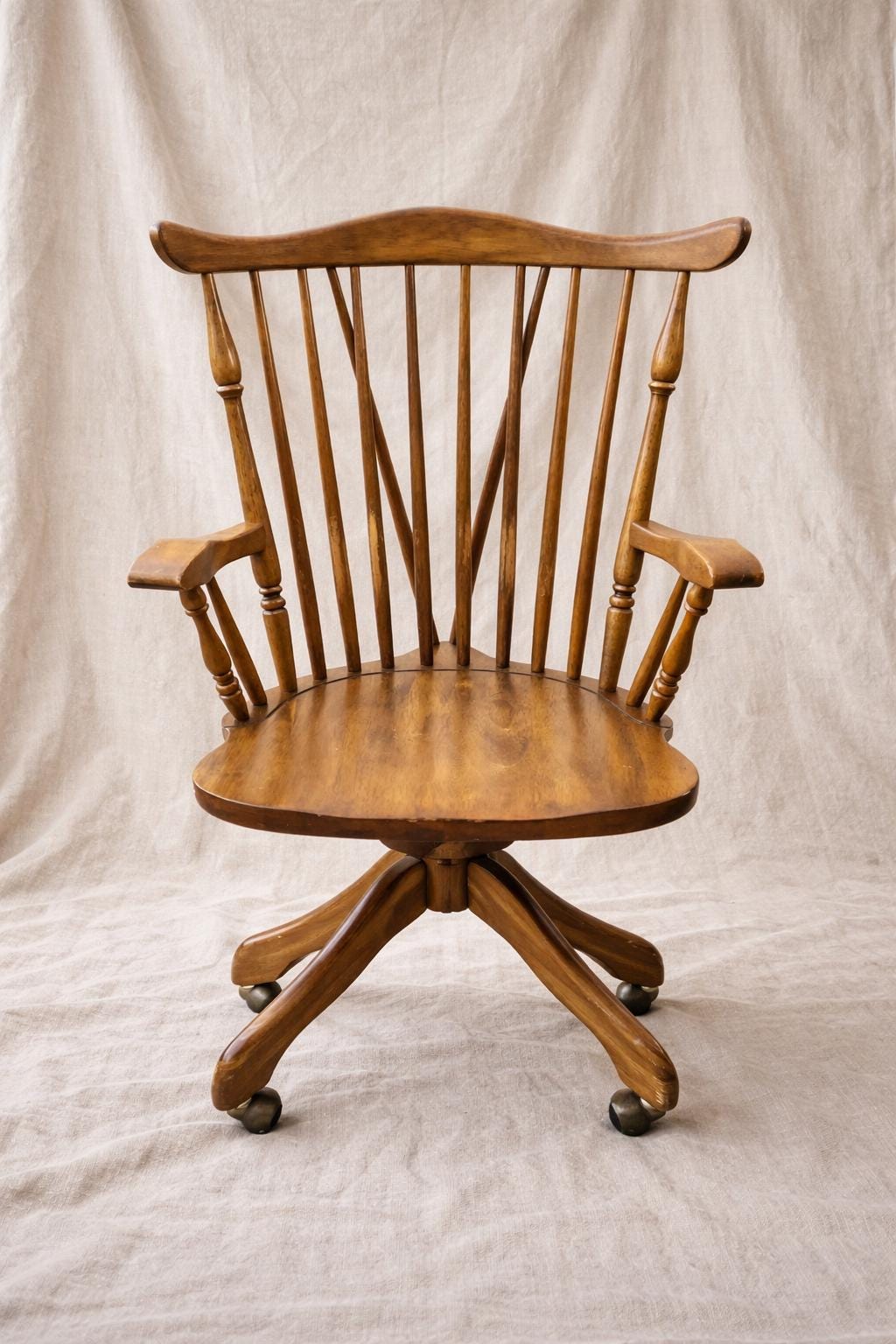 Vintage Windsor Swivel Desk Chair | Solid Wood Traditional Armchair, Casters