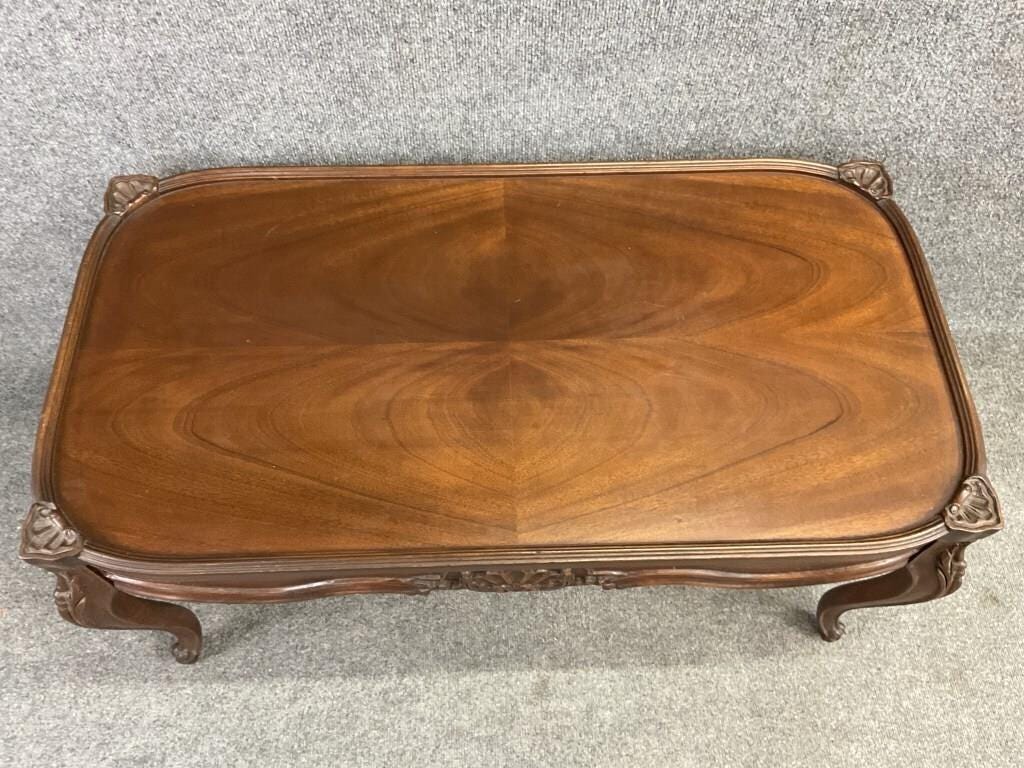 Vintage French Mahogany Coffee Table | Louis XV Style Cabriole Legs, Carved Shell Detail