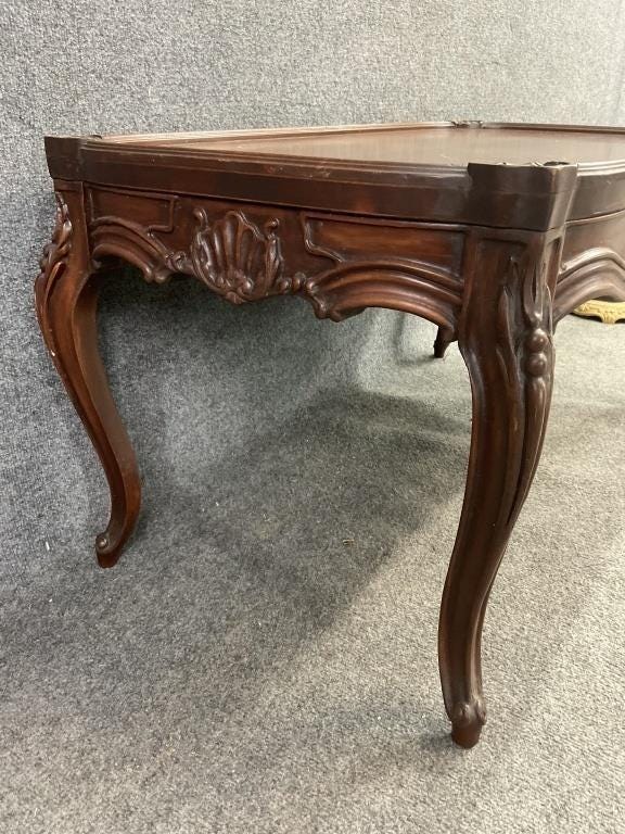 Vintage French Mahogany Coffee Table | Louis XV Style Cabriole Legs, Carved Shell Detail