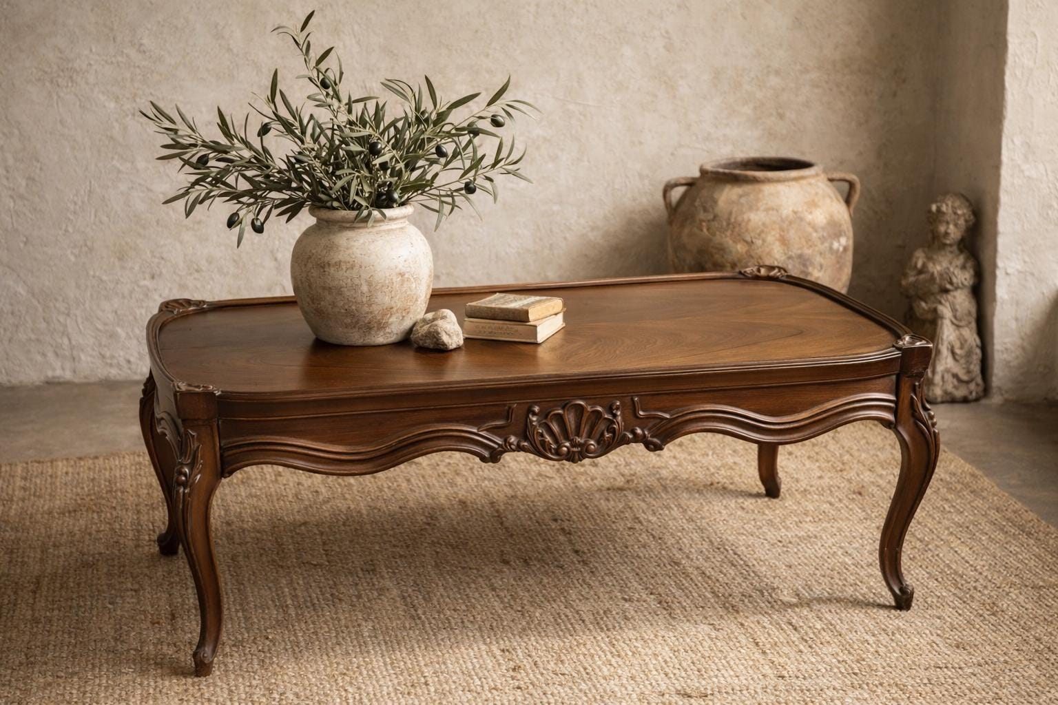 Vintage French Mahogany Coffee Table | Louis XV Style Cabriole Legs, Carved Shell Detail