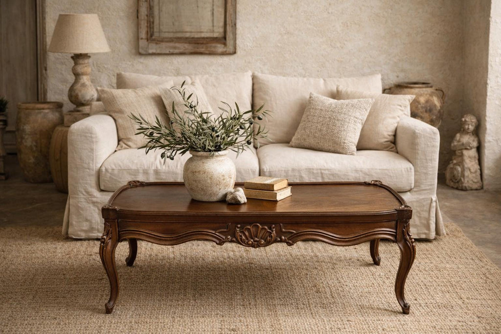 Vintage French Mahogany Coffee Table | Louis XV Style Cabriole Legs, Carved Shell Detail