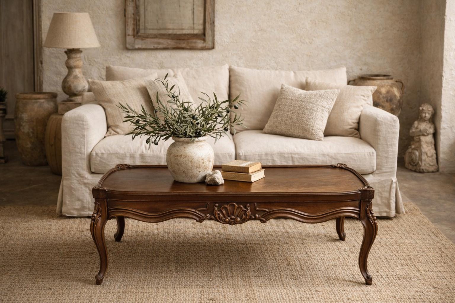 Vintage French Mahogany Coffee Table | Louis XV Style Cabriole Legs, Carved Shell Detail