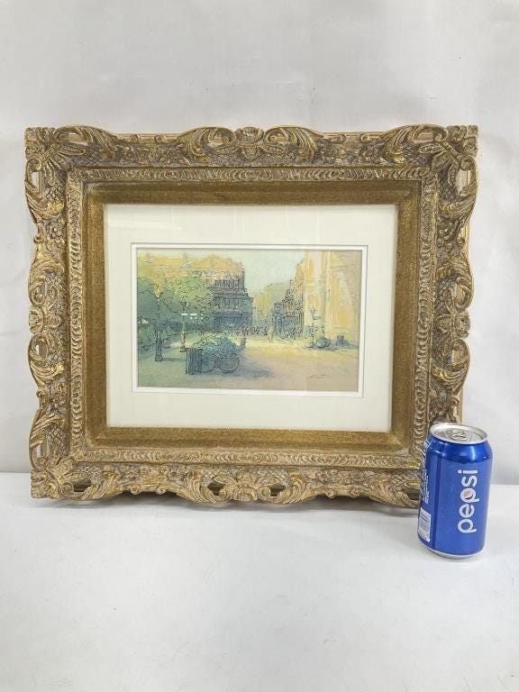 Vintage New Orleans Watercolor Painting – Jackson Square French Quarter Scene – Signed Butler – Ornate Gold Gilt Frame – 1930s–1960s